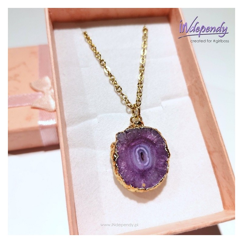 ZŁOTY NASZYJNIK ZE STALI SZLACHETNEJ Z FIOLETOWYM AGATEM