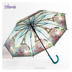 Niebieska parasolka damska półautomatyczna – Wieża Eiffla i Londyn