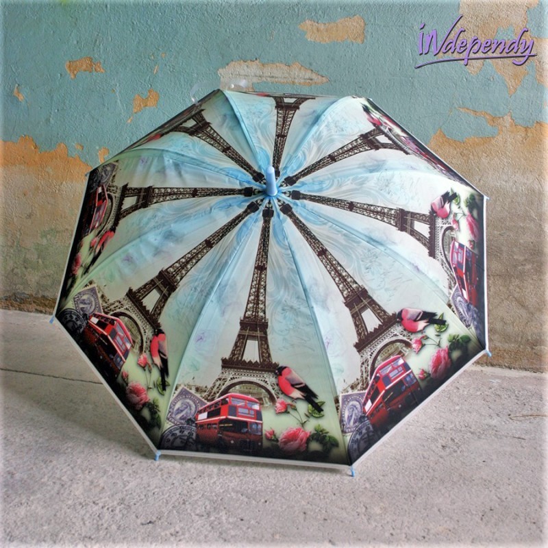 Niebieska parasolka damska półautomatyczna – Wieża Eiffla i Londyn