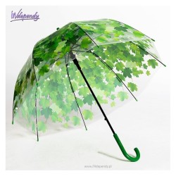 Designerksa transparentna parasolka damska z zielonym motywem roślinnym