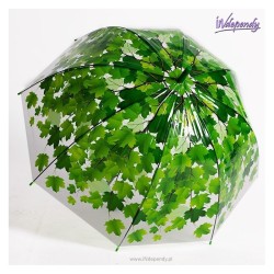 Designerksa transparentna parasolka damska z zielonym motywem roślinnym