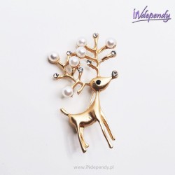Broszka damska złoty jelonek z diamentowymi cyrkoniami i perłami