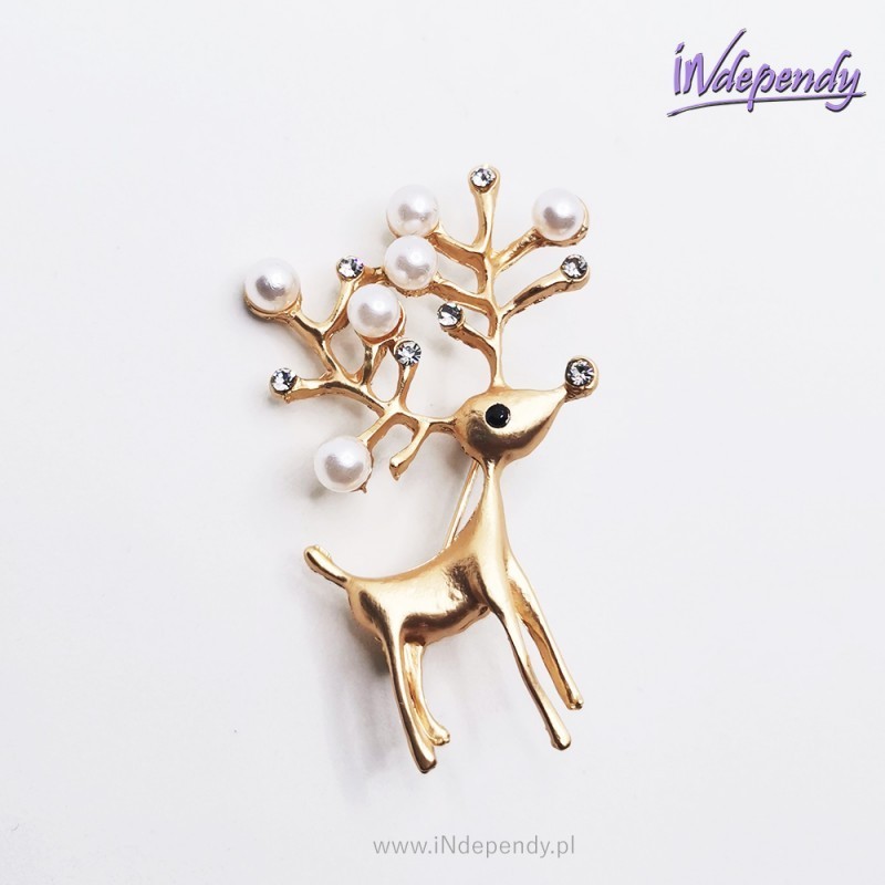 Broszka damska złoty jelonek z diamentowymi cyrkoniami i perłami