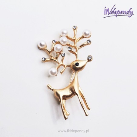 Broszka damska złoty jelonek z diamentowymi cyrkoniami i perłami