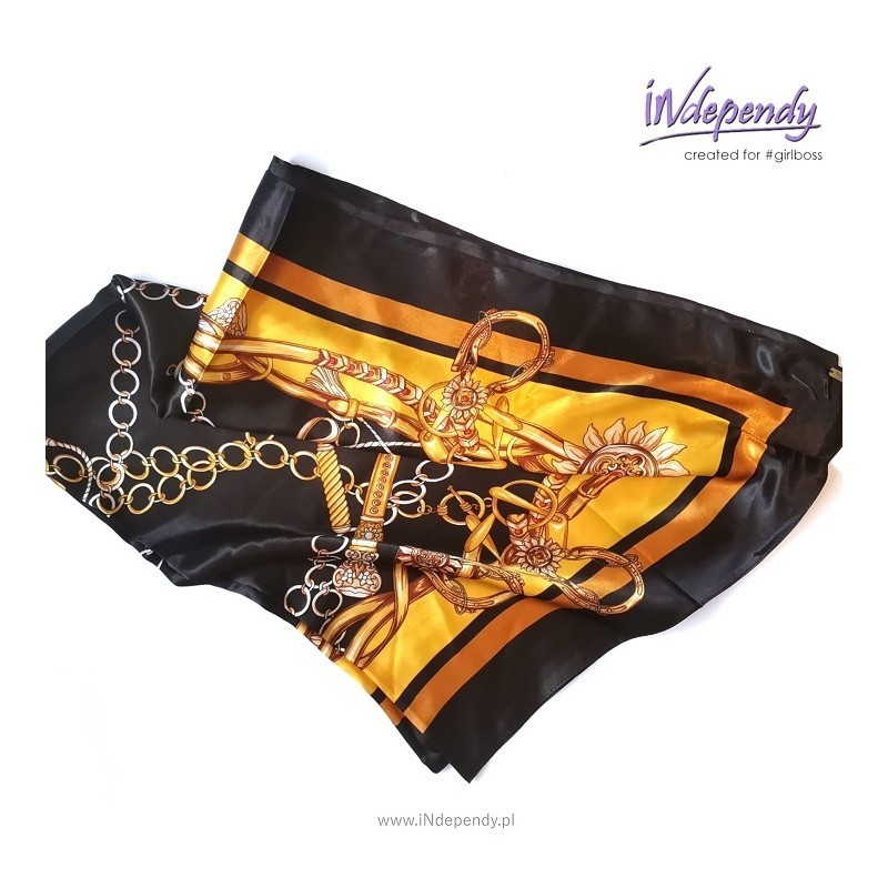 Chusta damska 90x90 – czarno-żółty wzór łańcuch