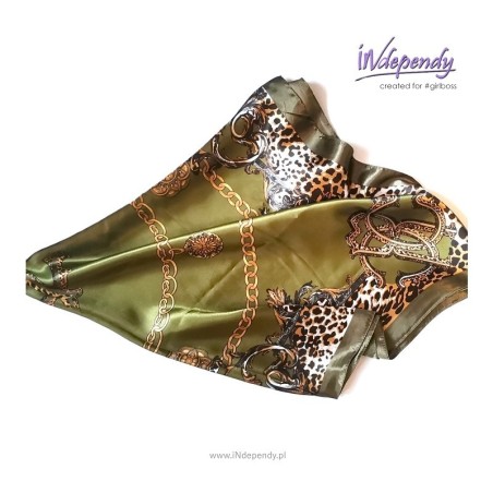 Chusta do płaszcza – oliwkowa satyna z panterką i łańcuchem