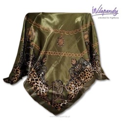 Chusta do płaszcza – oliwkowa satyna z panterką i łańcuchem