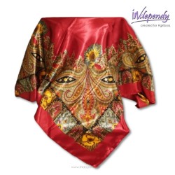 Satynowa chusta do płaszcza 90x90 cm – czerwona z akcentami oliwkowymi i żółtymi