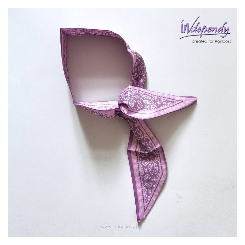 Wąski szaliczek damski – liliowy z geometrycznym motywem